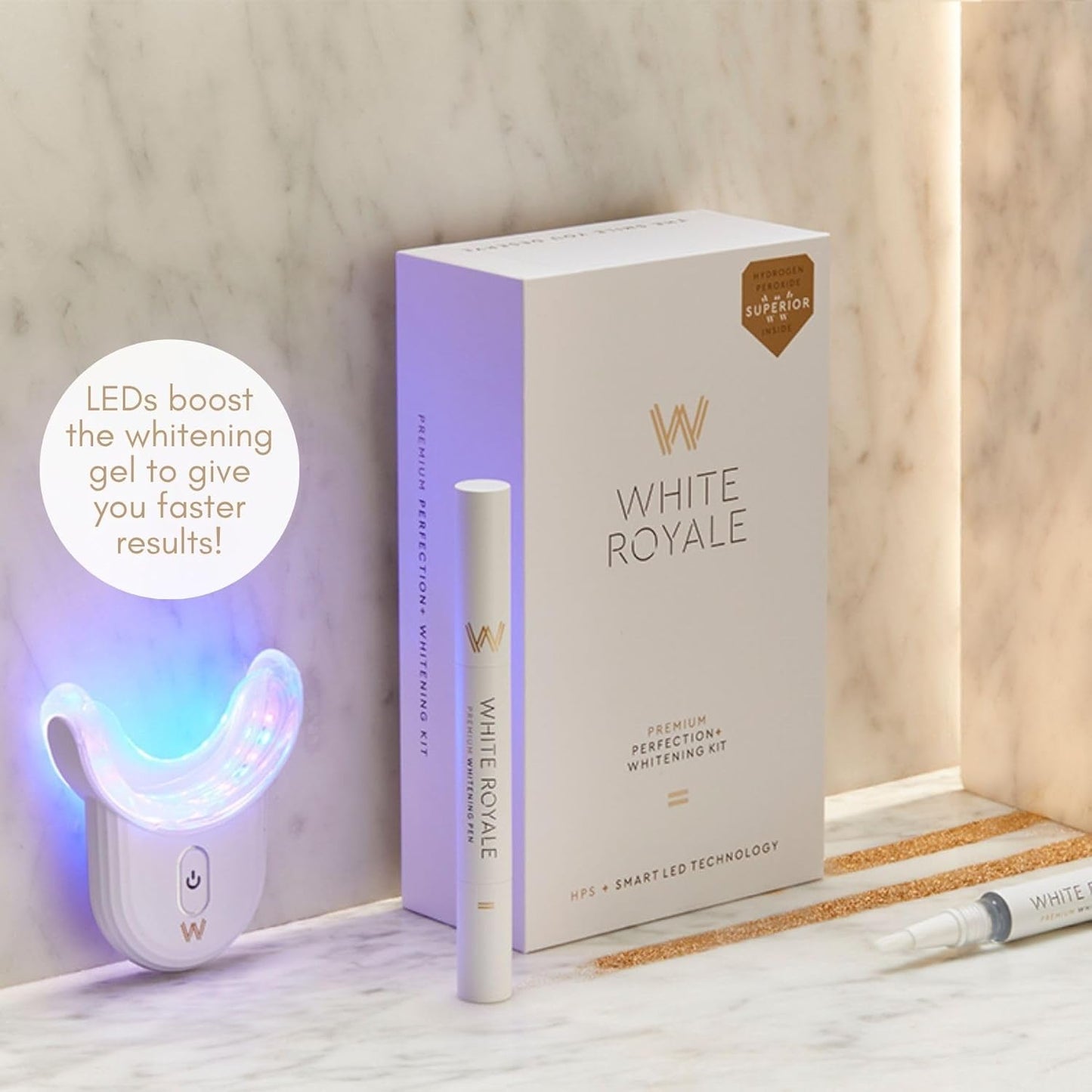 White Royale Premium Teeth Whitening Kit with Smart LED Mouthpiece, 3X 2ml Whitening Gel Pens with 9% Hydrogen Peroxide Superior Formula