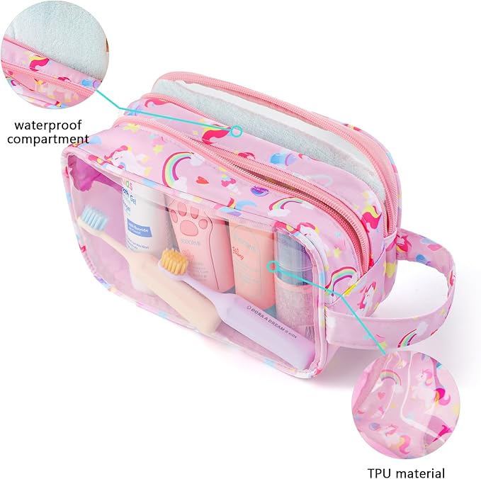 Kids Toiletry Bag for Girls, Travel Clear Toiletry Bag for Little Young Girls Cosmetic Bag Makeup Bag Waterproof Hanging Toddler Wash Bag, Pink Unicorn