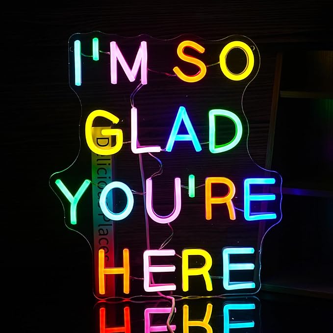 I’m So Glad You’re Here Neon Sign Dimmable Positive Affirmation LED Neon Light for Wall Decor USB Powered Multicolored Light Up Sign for Classroom Wedding Party Store Home Neon Decor
