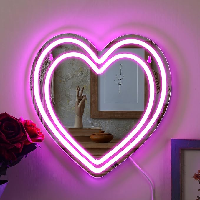 Heart Mirror Neon Sign Powered LED Light Pink 12" x 12" Decorative Wall Mirror Love Acrylic Mirrors Wall Art Decor Girl's Make-up for Christmas Party Gift Dorm Beauty Salon Room Decor