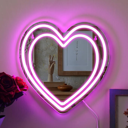 Heart Mirror Neon Sign Powered LED Light Pink 12" x 12" Decorative Wall Mirror Love Acrylic Mirrors Wall Art Decor Girl's Make-up for Christmas Party Gift Dorm Beauty Salon Room Decor