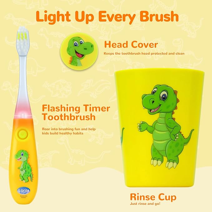 Lily's Home Kids Toothbrush with Flashing Timer and Soft Bristles, Rinsing Cup & Cover - Fun 2-Min Light-Up Timer for Children - Toddler Soft Toothbrush Kit (Dinosaur)