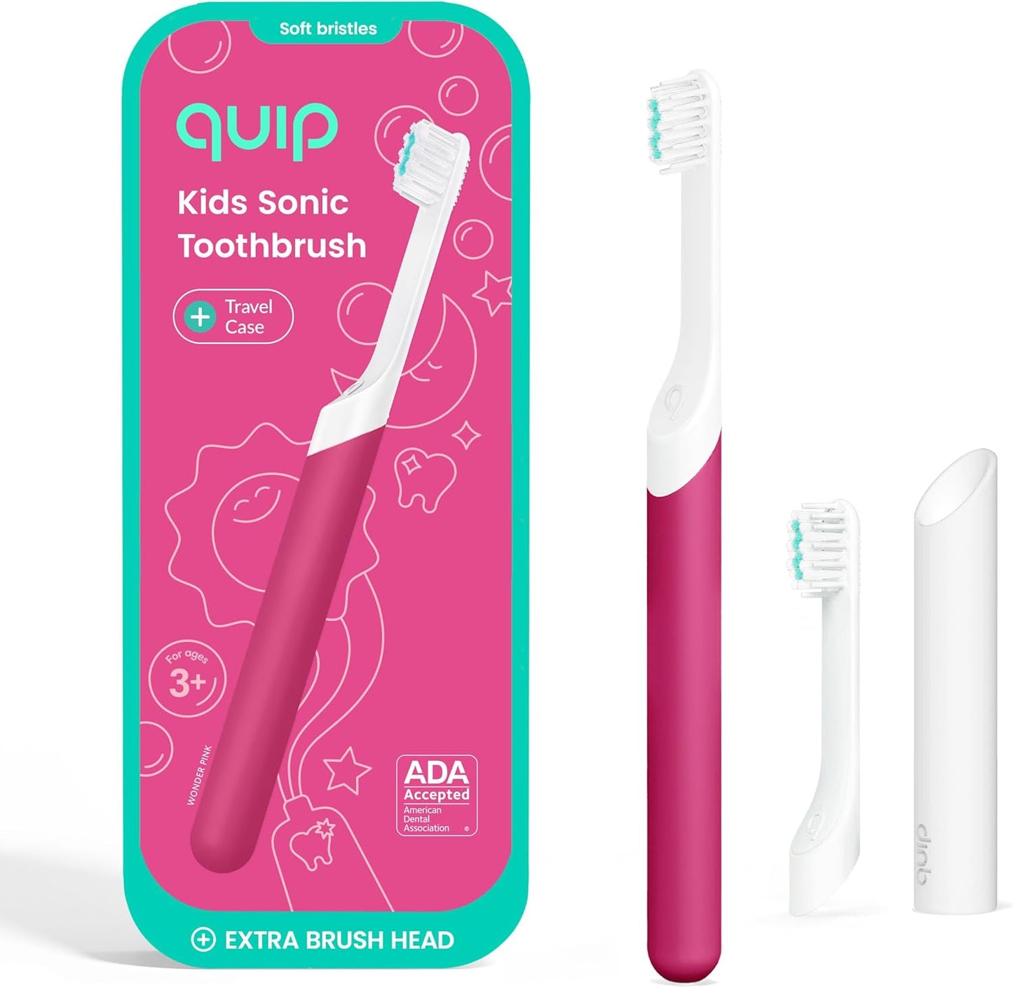 Quip Kids Electric Toothbrush, Battery-Powered Sonic, Wonder Pink, with Extra Brush Head and Travel Cover