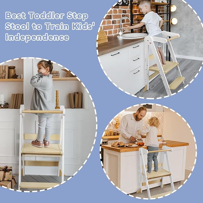 Foldable Toddler Kitchen Tower with Safety Rail, 3-Level Height Adjustable Montessori Kitchen Step Stool Helper, Standing Tower for Kids 2-6 Years, Toddler Helper Stool for Bathroom