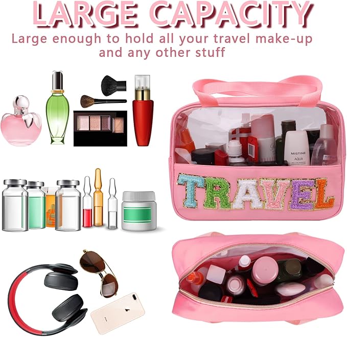 Chenille Letter Patch Travel Bag, Preppy Clear Makeup Cosmetic Bag Large Toiletry Storage Tote Bag with Handle, Transparent Nylon Waterproof Organizer Zipper Pouch for Travel Women Girls(Pink)