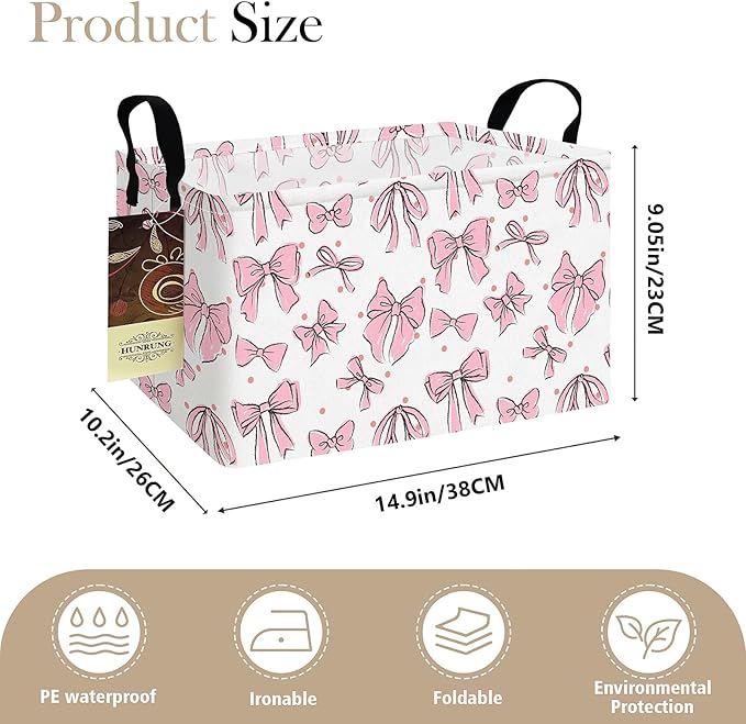 HUNRUNG Rectangle Storage Basket Cute Canvas Organizer Bin for Pet/Children Toys, Books, Clothes Perfect for Rooms/Playroom(REC-Pink Bow)