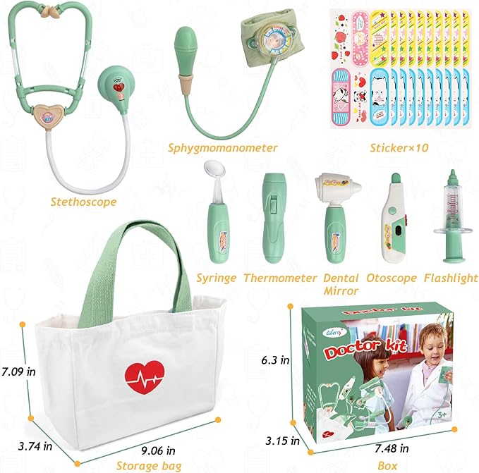 Liberry Doctor Kit for Toddlers 3-5 Years Old, 18-Piece Doctor Bag Pretend Play Toys, Durable Medical Kit with Toy Stethoscope, Green for Kids