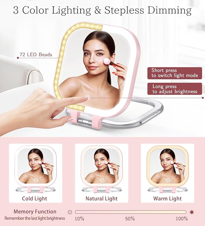 Shinowa Rechargeable Travel Makeup Mirror with 72 LED Lights, 1X/10X Magnifying Vanity Mirror with 3 Color Light, Folding Stand, 7 Inch Portable Dimmable Double Sided Compact Lighted Mirror, Pink
