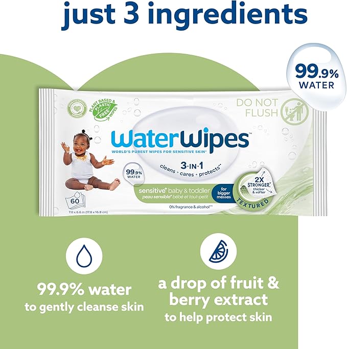 WaterWipes Sensitive+ Baby & Toddler Wipes, 3-In-1 Cleans, Cares, Protects, 99.9% Water, Textured Clean, Unscented & Hypoallergenic, 240 Count (4 Packs)