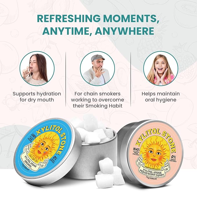 Xylitol Stone Sugar Free Candy - Vegan & Keto Friendly Unique Hard Candy - 100% Natural Flavor Candies - Gluten Free & Non-GMO Breath Freshener Low Calorie Mints - Pack of 2 (Original, Peach)