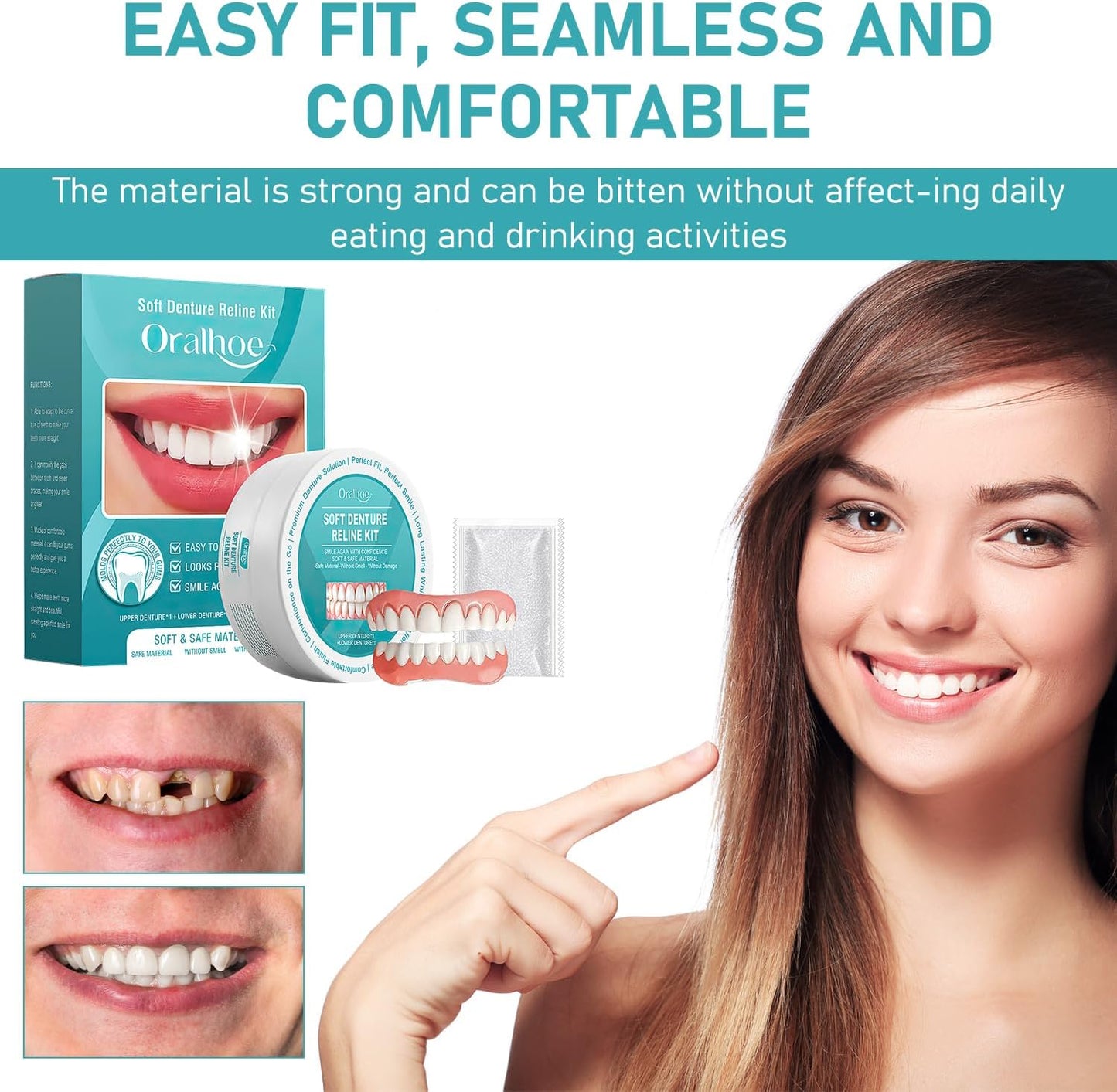 2 Pcs Minceetbien Dentures, Minceetbien Silicone Reline Denture Set, Adjustable Snap-in Dentures, Upper and Lower Denture Kit, Comfortable and Waterproof Fake for Instant Smile Restoration