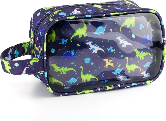 Dinosaur Kids Toiletry Bag for Boys, Travel Clear Toiletry Bag for Little Young Boys Waterproof Hanging Wash Bag Toddler Traveling Toiletries, Navy