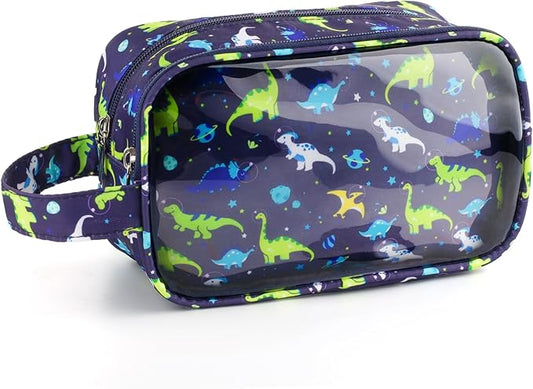 Dinosaur Kids Toiletry Bag for Boys, Travel Clear Toiletry Bag for Little Young Boys Waterproof Hanging Wash Bag Toddler Traveling Toiletries, Navy