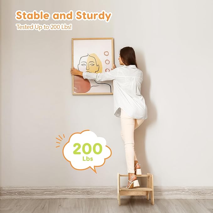 Toddler Step Stool, Wooden Stepping Stool for Kids, 2 Step Stool with Adjustable Height, Potty Training Stool with Handles Pads for Bathroom Sink, Kitchen, Bedroom