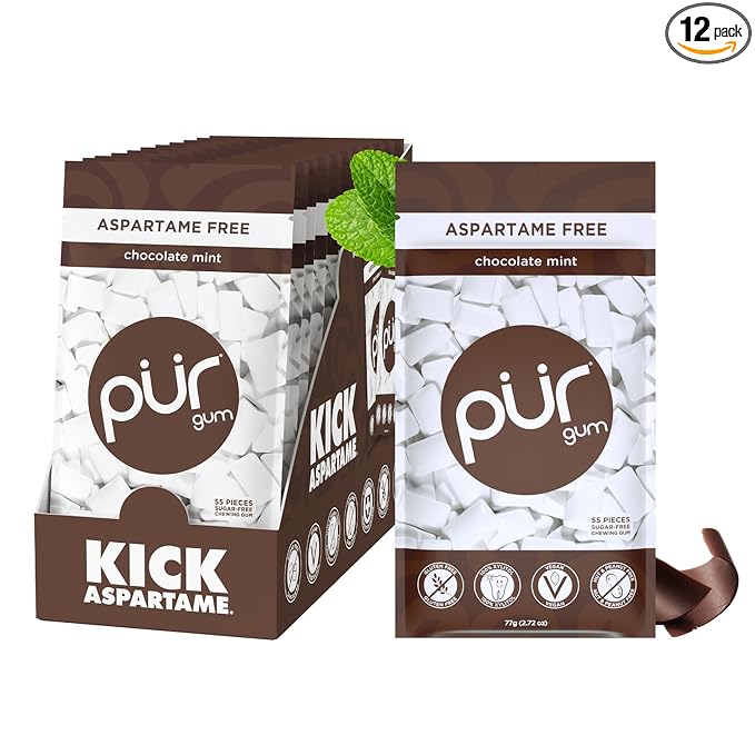 PUR Gum | Aspartame Free Chewing Gum | 100% Xylitol | Natural Chocolate Mint Flavored Gum, 55 Pieces (Pack of 12)