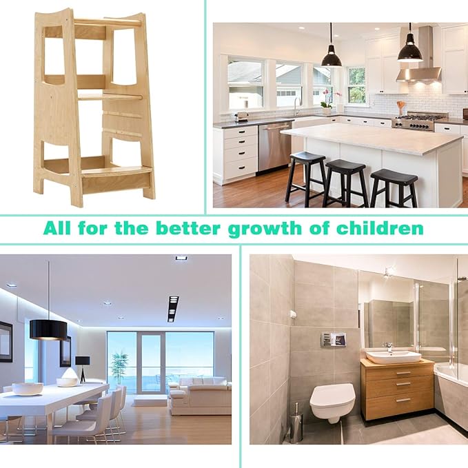 Toddler Kitchen Step Stool with Safety Rail Kids Wooden Standing Tower for Kitchen Counter and Bathroom Sink, 3 Heights Adjustable Step Up Stool Mothers' Helper, Solid Wood Construction, Natural
