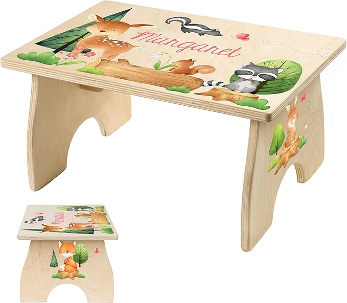 Step Stool for Toddlers- Personalized Wood Kids Step Stool with Name for Kitchen Sink, Bathroom, Potty Training, Toilet, Kitchen Sink- Sturdy and Safe- Made in USA by BloomOwl (Woodland- Pretty)
