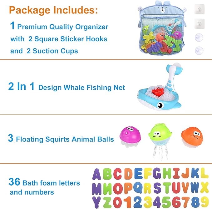 Bath Toy Sets, 36 Foam Bath Letters and Numbers, Floating Squirts Animal Toys Set with Fishing Net and Organizer Bag, Fish Catching Game for Babies Infants Toddlers Bathtub Time