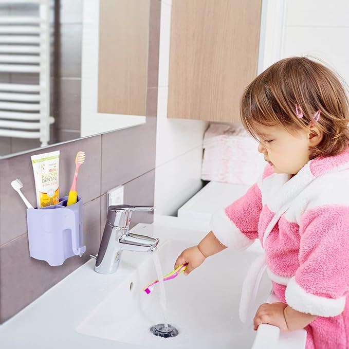 RyanLemon Elephant Toothbrush Holder for Kids, Suction Cup Electric Toothbrush and Toothpaste Holder for Toddler, Cute Toddler Toothbrush Holder with 3 Slots and a Hook for Hanging Bath Ball, Purple