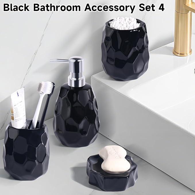 Ceramic Bathroom Accessories Set 4 PCS,Bathroom Toothbrush Holder Set,Soap and Toothbrush Holder Set,Include Toothbrush Holder,Soap Dispenser,Soap Dish,Tumbler,Bathroom Sets Decor Organizer (Black)