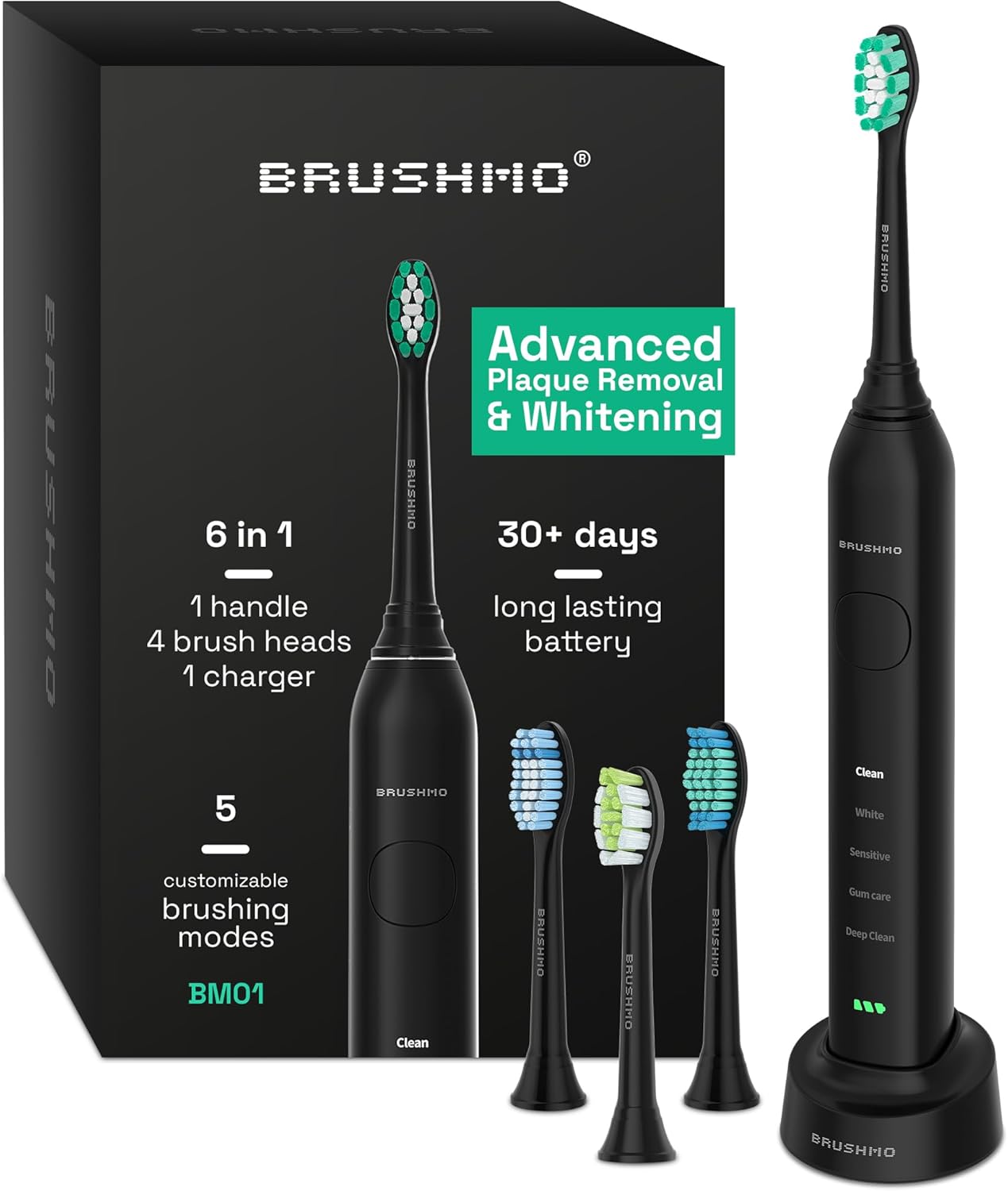 Brushmo Super Sonic Electric Toothbrush with 4 Replacement Heads - Rechargeable Electronic Tooth Brush for Adults with 5 Customizable Modes - IPX7 Waterproof & Long-Lasting Battery - Black