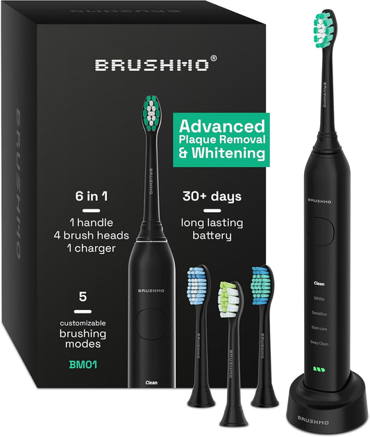 Brushmo Super Sonic Electric Toothbrush with 4 Replacement Heads - Rechargeable Electronic Tooth Brush for Adults with 5 Customizable Modes - IPX7 Waterproof & Long-Lasting Battery - Black