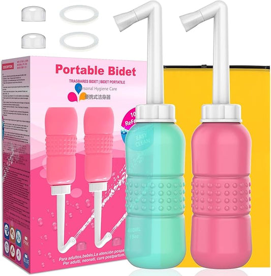 Upside Down Peri Bottle for Postpartum Care, Portable Bidet Bottle with Travel Bag, Handheld Perineal Sprayer,Reusable Douche Bottle for Women,Men,Baby,Personal Hygiene 450ml-2Pack(Green Pink)