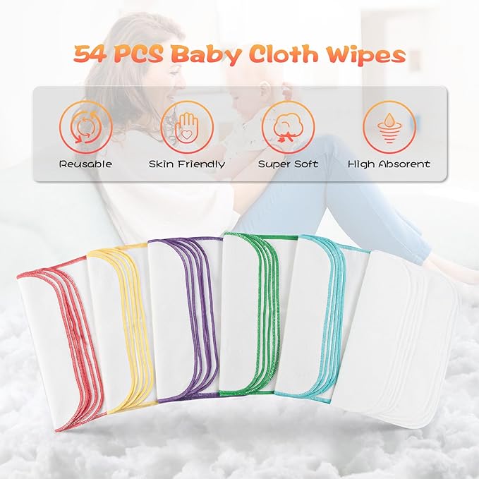 54 Packs Flannel Reusable Baby Wipes Cloth Wipes with Blue Wipes Dispenser, Reusable & Natural Skin-friendly Cloth Baby Wipes, Body Face Hand Washcloth Essential for Cloth Diapers