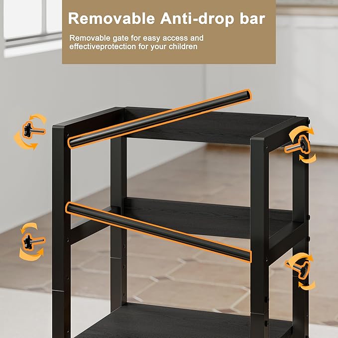 Kitchen Step Stool for Toddlers, Height Adjustable Toddler Tower with Safety Rail, Steel and Wood Toddler Kitchen Stool Helper Kids, Stool for Kids, Learning Tower, Kids' Desk Black