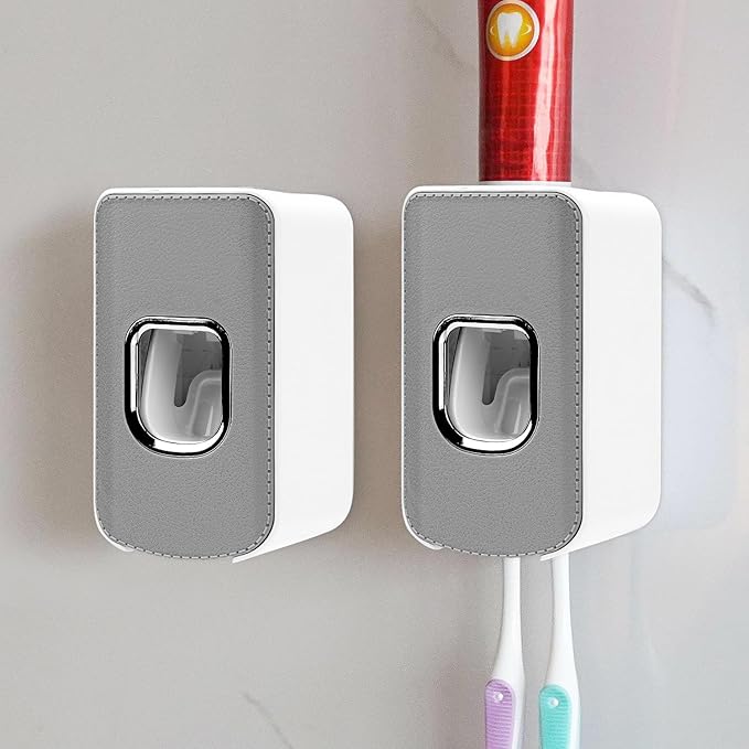 2 Slot Toothbrush Holder and Toothpaste Dispenser Wall Mounted, Automatic Toothpaste Squeezer, 2 in 1 Tooth Brush Toothpaste Organizer for Shower (Grey 2Pack)