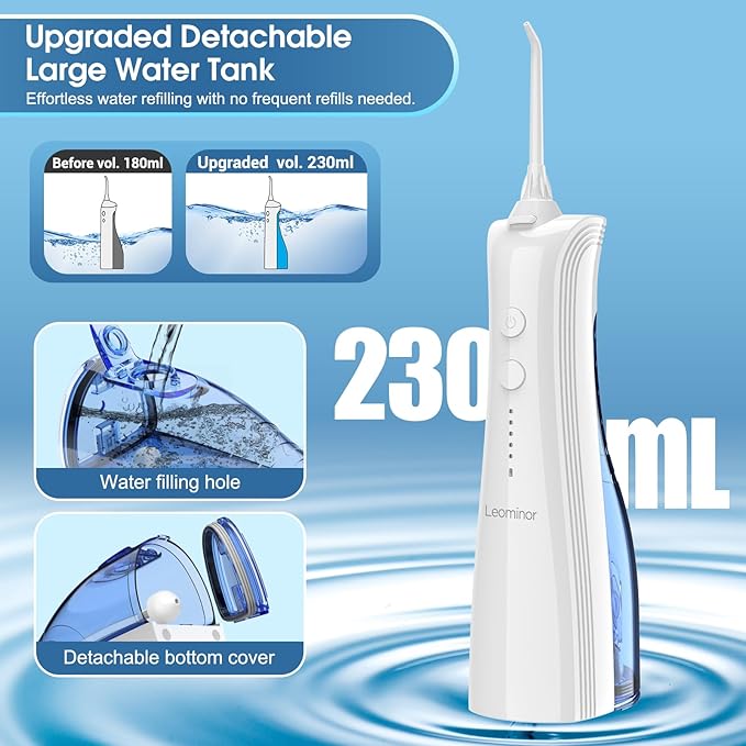 Leominor Water Dental Flosser - 5 Modes Cordless Portable Oral Irrigator, IPX7 Waterproof, Rechargeable Teeth Cleaner Upgrade Datchable Tank Professional Flossing Cleaning Pick for Home Travel (White)