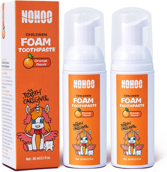NOHOO Fluoride Free Foam Toothpaste Kids Orange Flavour,Natural Training Toothpaste for Baby Toddler Children Oral Cleaning and Cavity Protection(2 Pack)
