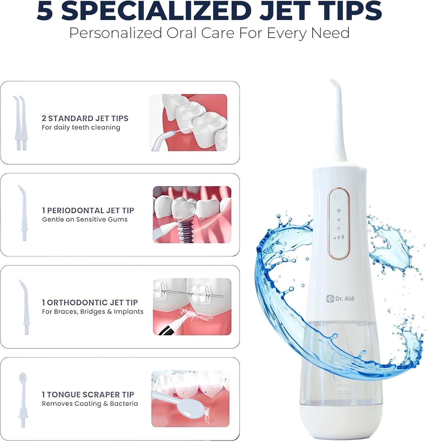 Dr. Aid Dental Water Flosser – Portable Oral Irrigator – 12Oz Tank, Water Filter, 5 Tips, Type C Charger – IPX8 Waterproof Cordless Water Flosser, Ideal Water Flossers for Teeth, Gums, Braces (White)