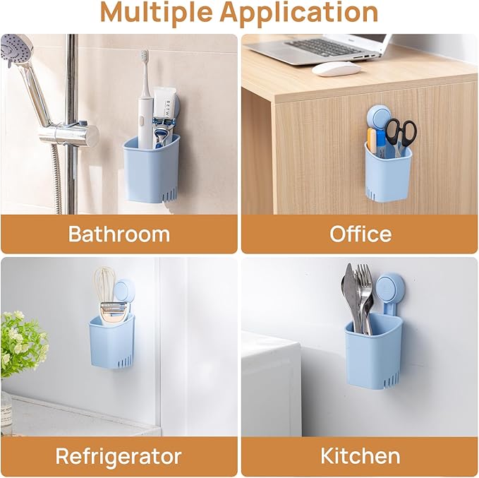 LEVERLOC Powerful Suction Cup Toothbrush Holder, Drill-Free Wall Shower Holder for Toothbrush, Toothpaste, Razor, Self-draining Kitchen Tableware Organizer, Removable Suction Cup in Shower, Blue