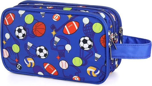 Kids Toiletry Bag for Boys, Travel Toiletry Bag for Little Young Boys Waterproof Hanging Wash Bag Toddler Traveling Toiletries, Soccer Balls Blue