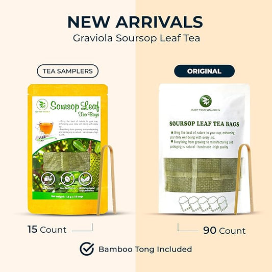 Soursop Graviola Leaf Tea Bags, 90 Count, Bamboo Tong Included, No Sugar Added, No Caffeine, Hoja De Guanabana, Re-Steep Morning Herbal Detox Tea for Relax, Refreshing & Pure Taste
