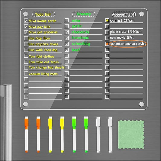 PigPotParty Acrylic Magnetic to Do List White Board for Refrigerator, 12"x9.5" Clear Dry Erase Board, Fridge Grocery List Magnet Checklist Whiteboard for Adult Family Kids, w/ 8 Markers and 1 Towel