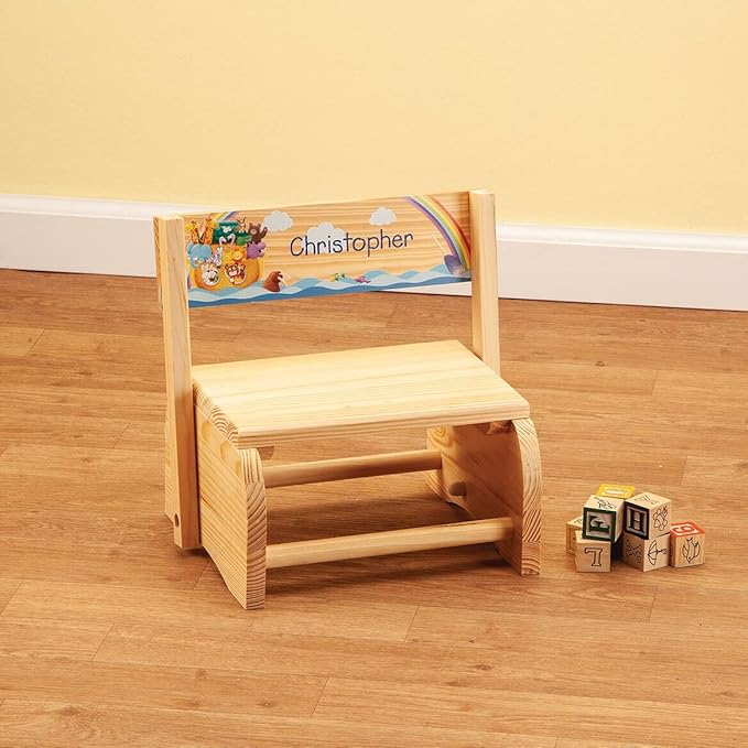 Custom Natural Noah's Ark Step Stool, Made of Durable Wood, Natural Finish - Measures 9 3/4" x 10 3/4"