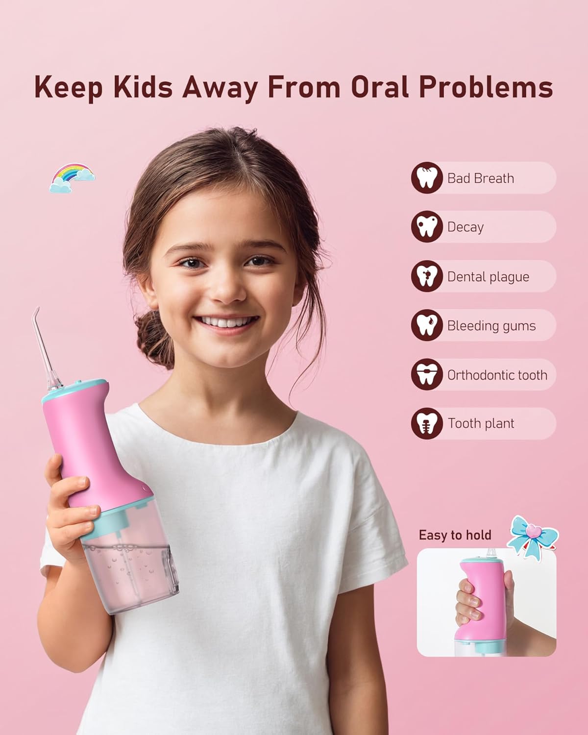 Kids Water Flosser Pink, Rechargeable Oral Irrigator for Kids Aged 6+, 4 Modes, 3 Jet Tips, Fun Stickers, Safe and Gentle Oral Care