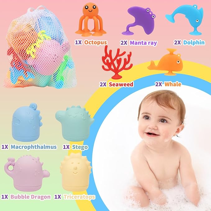 Baby Bath Toys, 13 Pcs Silicone Mold Free Bath Toys with a Storage Bag, Squeezable Dinosaurs Bathtub Toys, No Hole Sensory Ocean Animal Suction Cup Toys for Toddlers 1 2 3 4 5 6 Years