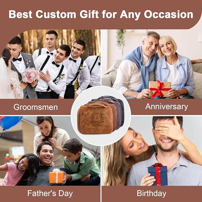 Bleggeit 3-in-1 Large Personalized PU Leather Toiletry Bag For Men, Custom Groomsmen Gifts Hanging Travel Organizer Bag, Laser Engraved Name Monogram Shaving Kit Gift For Him Husband Father Dad Dop