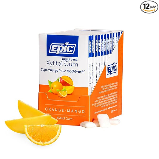 Epic 100% Xylitol Orange Mango Chewing Gum - Sugar Free, Aspartame Free Dental Gum - Supports Oral Health & Fresh Breath - 12 Pieces (Pack of 12)