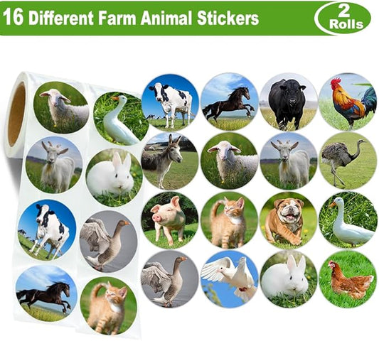 Farm Animal Stickers Roll for Kids 1.5 Inch 600Pcs Round Farm Animals Label Stickers for Boys Girls Birthday Party Favors Gifts Decoration Teachers Student Classroom Reward