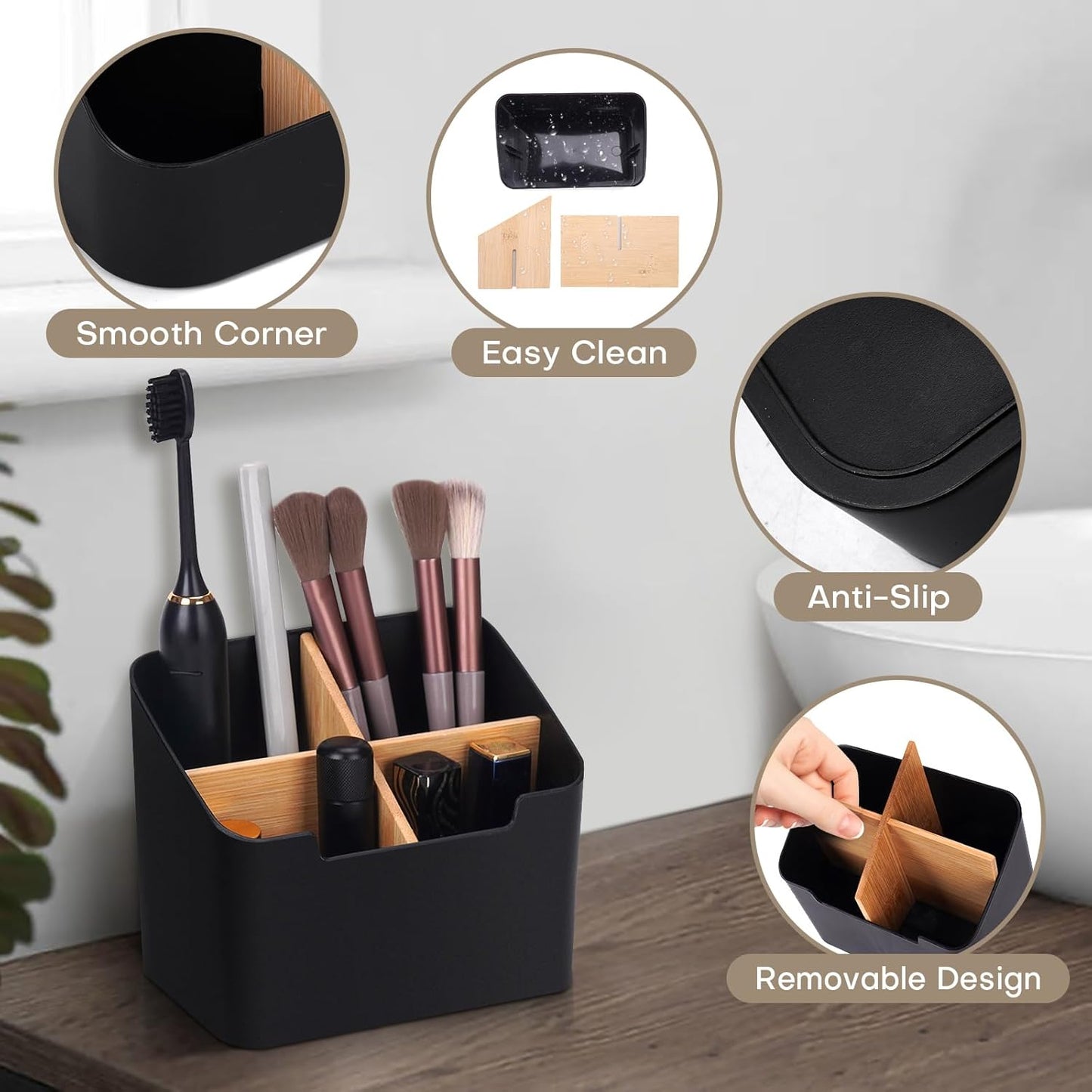 Toothbrush Holders for Bathrooms,Electric Toothbrush and Toothpaste Holder with Divider for Bathroom Countertop Organizer,Toothbrush Caddy for Kids Family Counter Vanity Storage Black