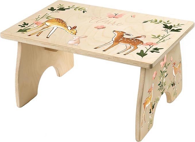 Step Stool for Toddlers- Personalized Wood Kids Step Stool with Name for Kitchen Sink, Bathroom, Potty Training, Toilet, Kitchen Sink- Sturdy and Safe- Made in USA by BloomOwl (Woodland- Deer)