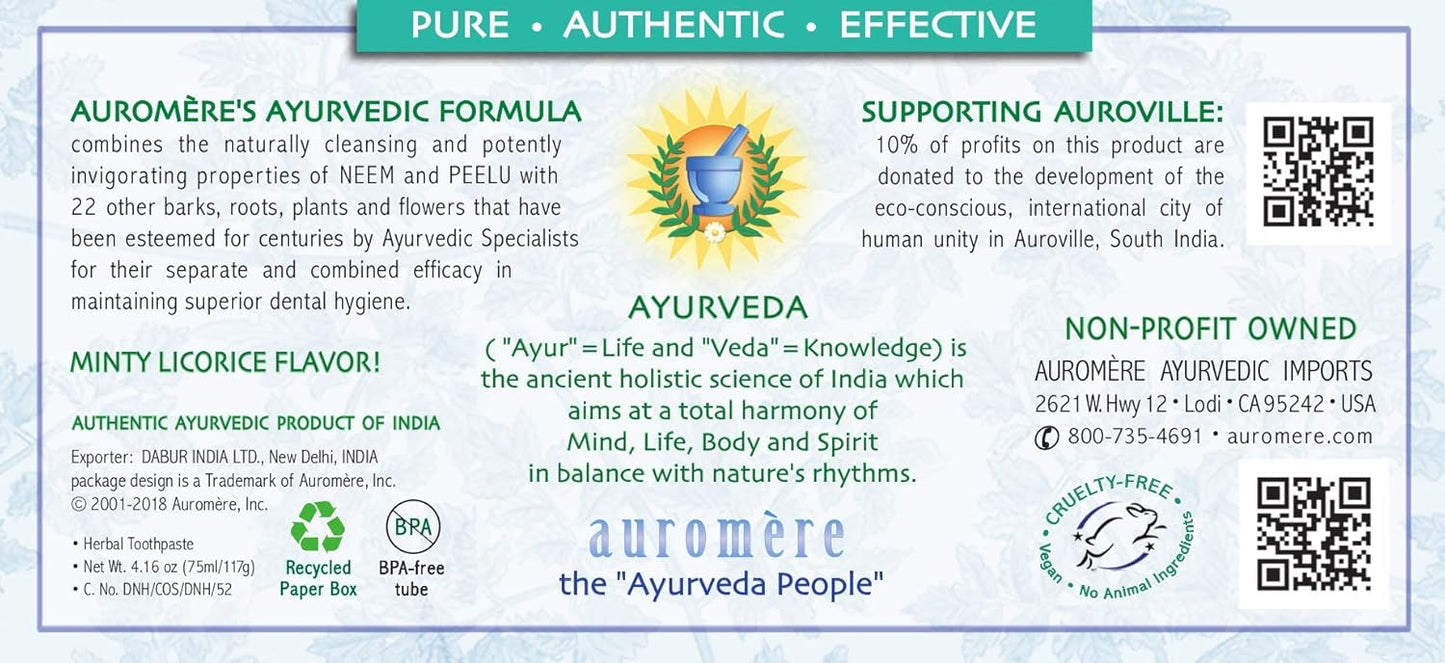 Auromere Ayurvedic Herbal Toothpaste, Classic Licorice Flavor - Vegan, Natural, Non GMO, Fluoride Free, Gluten Free, with Neem & Peelu (4.16 oz), 4 Pack