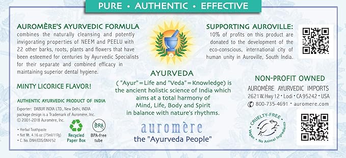 Auromere Ayurvedic Herbal Toothpaste, Classic Licorice Flavour - Vegan, Natural, Non GMO, Fluoride Free, Gluten Free, with Neem & Peelu (4.16 oz), 2 Pack