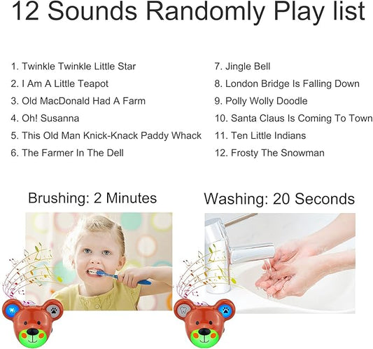 LUXSWAY Cute Animal Toothbrushing Timer for Kids with Musical Volume, 2 Minute Kid for Teeth, 20 Seconds Wash Hand Timer for Kids Training, Rechargeable Colored Led Light Visual Timer- Bear