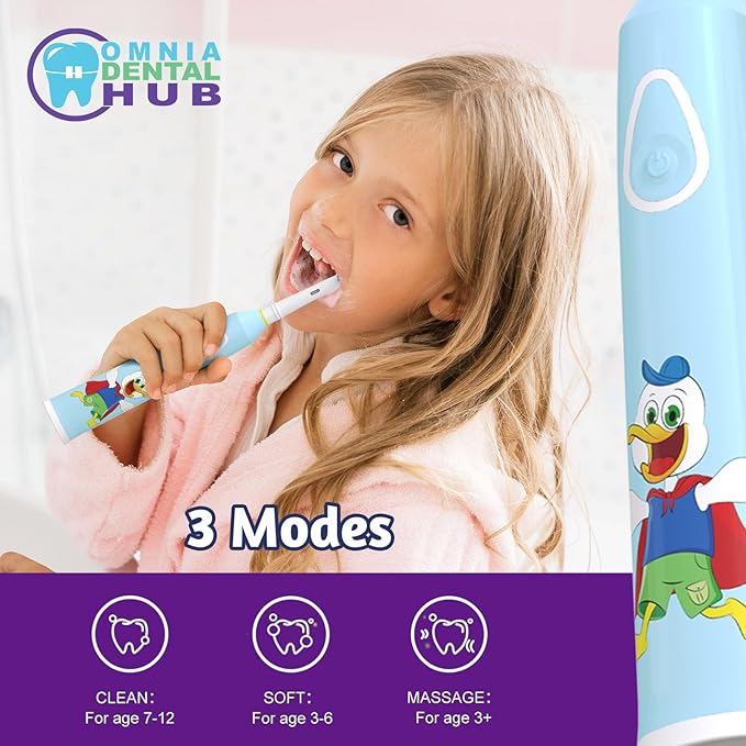 1PCs Rotating Kids Electric Toothbrush with 2 Brush Heads IPX7 by Omnia ONE | 3 Modes, Rechargeable 30 Days Battery Life, IPX7 Waterproof, USB Charger & Block Included, Fun & Effective Oral Care