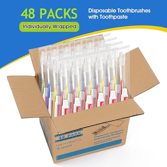 Homvle 48 Packs Disposable Toothbrushes with Toothpaste, Individually Wrapped Travel Toothbrush and Toothpaste Buld for Travel Size Toiletries, OCC, Airbnb, Dentist, Office/4 Colorful